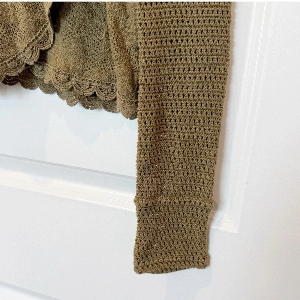 Free People Open Knit Lace Trim Long‎ Sleeve Top XS Indie Grunge Earthy Green